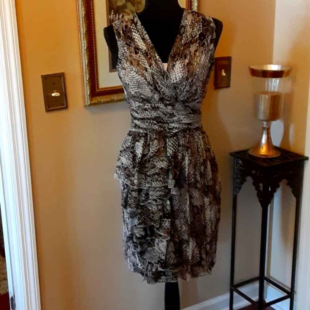 Antonio Melani black brown cream snakeskin print silk sleeveless dress sz 0 EUC…